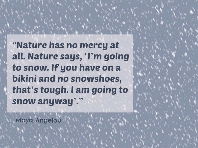 “Nature has no mercy at all. Nature says, ‘I'm going to snow. If you have on a bikini and no snowshoes, that's tough. I am going to snow anyway’." –Maya Angelou