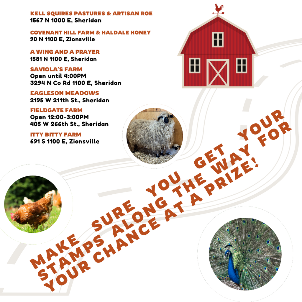 Image of list of Farm Crawl farms with a picture of a chicken, sheep and peacock.